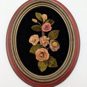 Vtg OFM Oval Framed Floral Art 3D Ceramic Roses on Black Velvet Made in Italy 8"